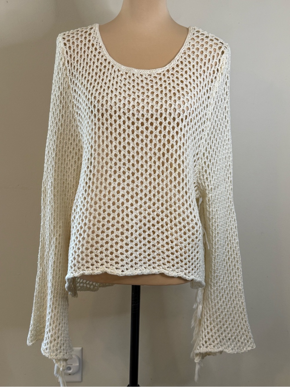 Love Marks cream crochet sweater fringe semi sheer boho chic SZ SM